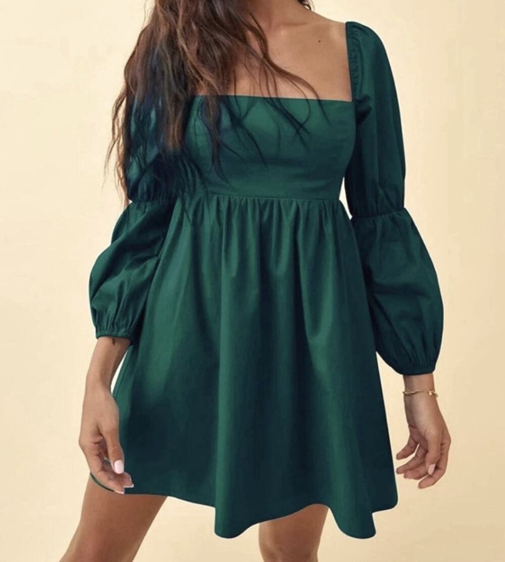Exlura dk Green feminine Puff Sleeve Mini Dress small babydoll coquette holiday